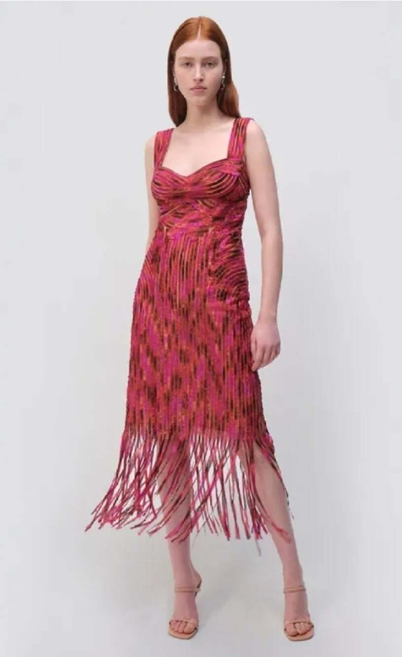 $995 SIMKHAI Pink Red Metallic Wave Fringe Flapper Adalette Midi Dress Size 8